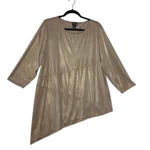 CHICOS Travelers Top Womens 3 Beige Shimmer Asymmetrical Hem Stretch Top